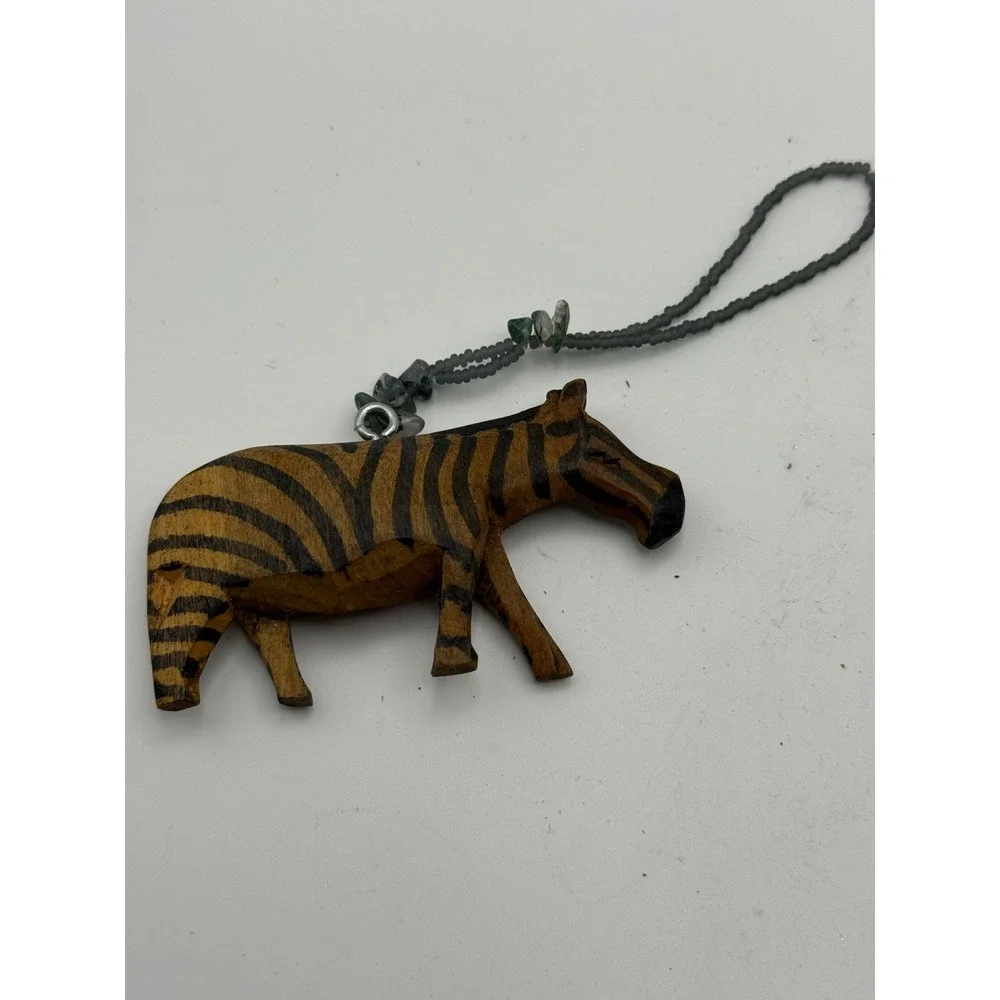 Handmade Zebra Ornament Set Carved Wood & Embroidered Metallic Fabric 2pc